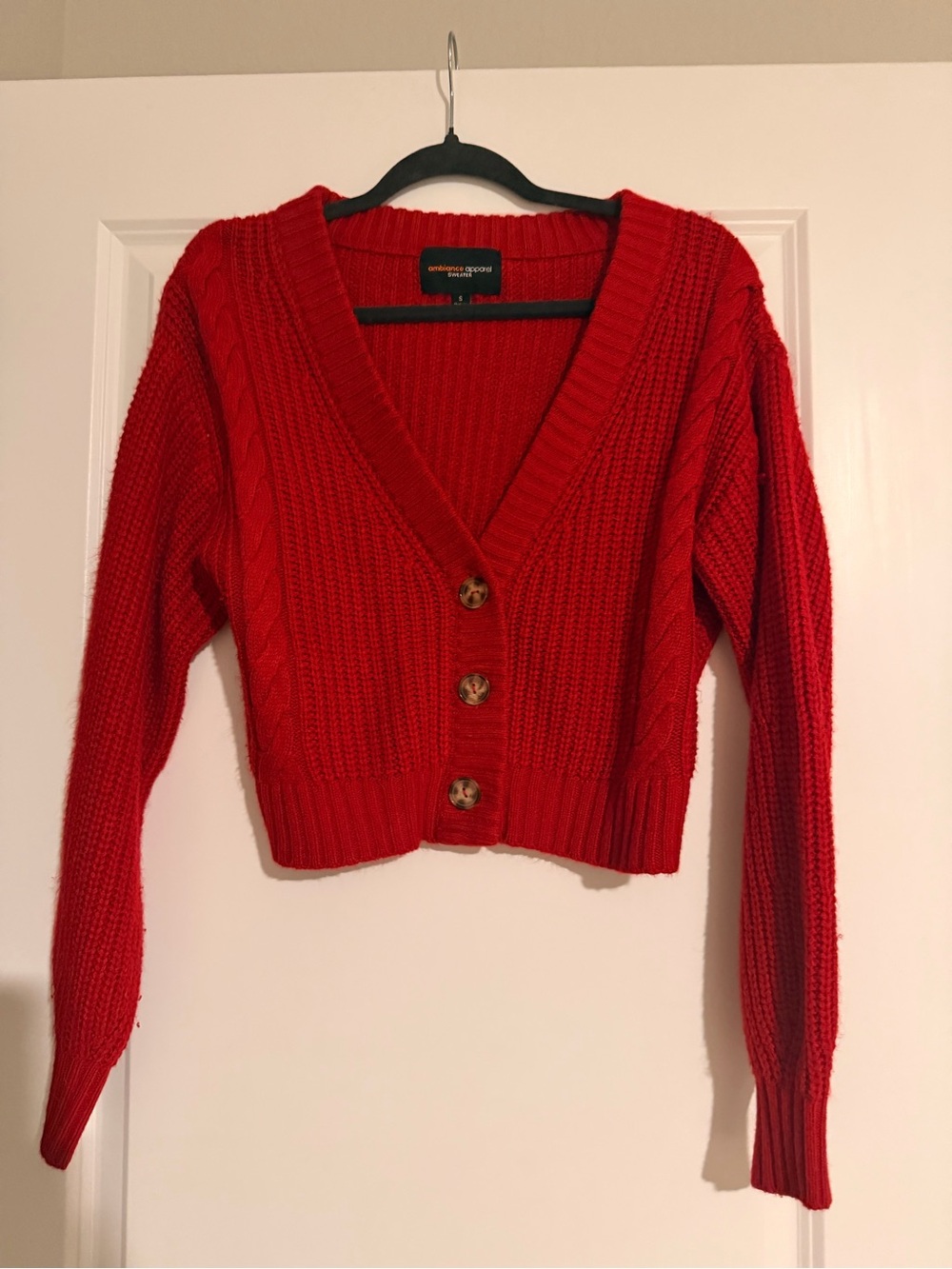 Ambiance Red Cropped V-Neck Button Cardigan Sweater